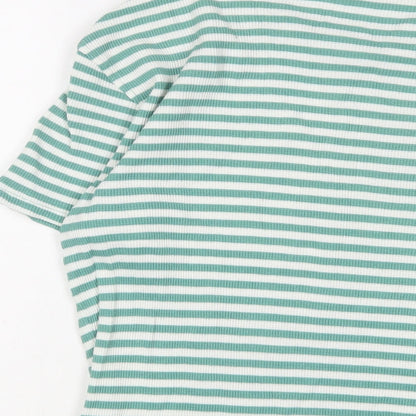 Percival Womens Green Striped Cotton Basic T-Shirt Size M Crew Neck