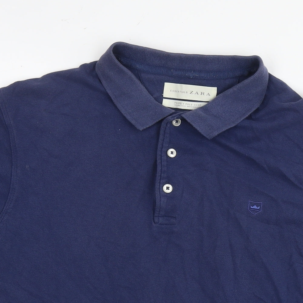 Zara Mens Blue Cotton Polo Size L Collared Pullover