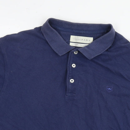 Zara Mens Blue Cotton Polo Size L Collared Pullover