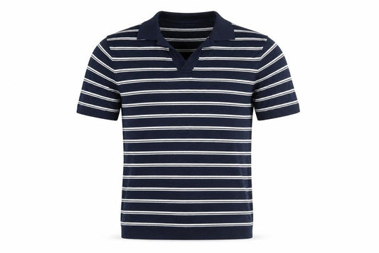 Front view of Autograph men’s blue striped cotton polo, size XS, collared pullover