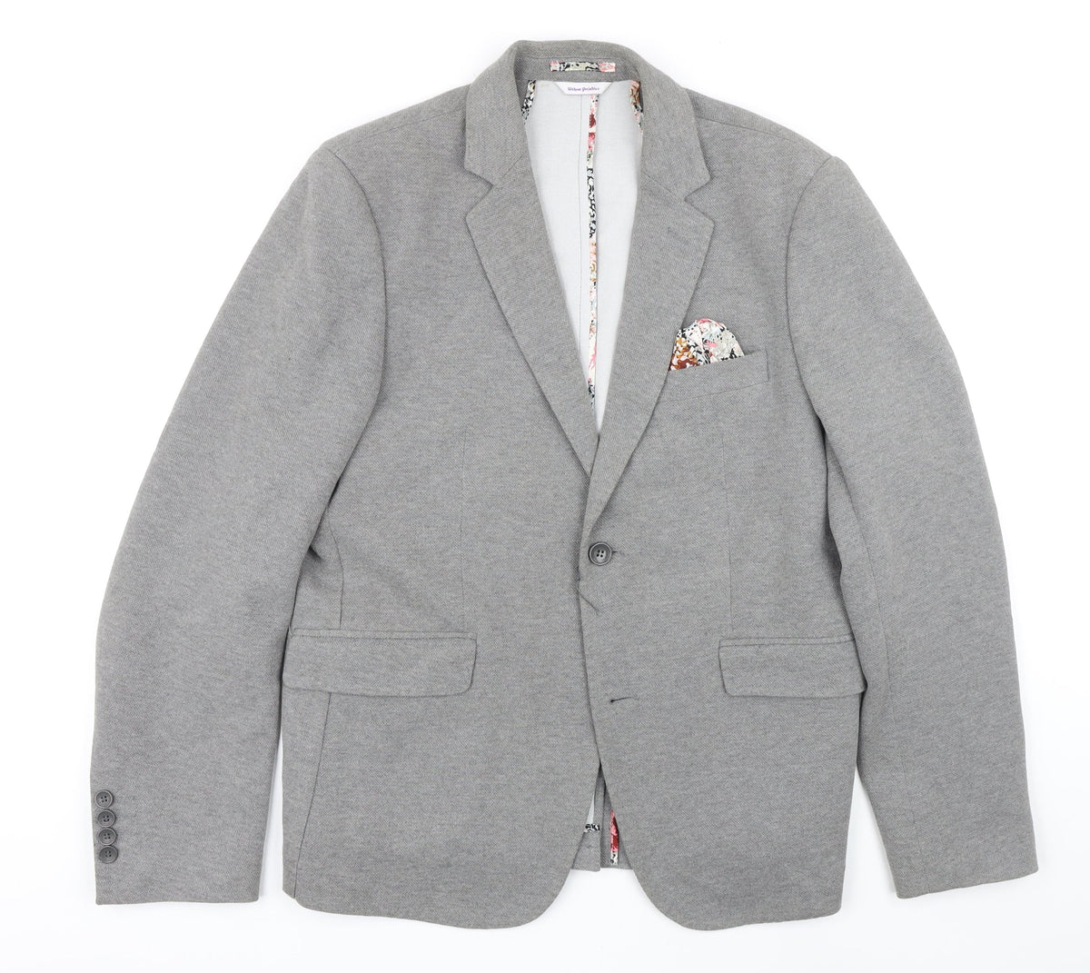 Front view of Without Prejudice women’s grey herringbone jacket blazer, size UK 14, buckle