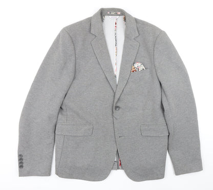Front view of Without Prejudice women’s grey herringbone jacket blazer, size UK 14, buckle