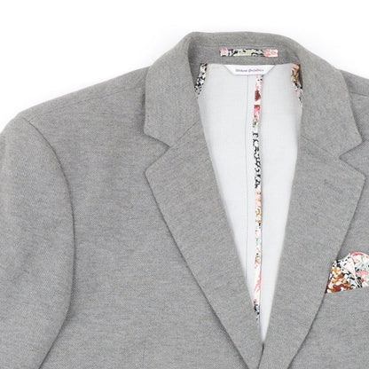 Close-up detail of Without Prejudice women’s grey herringbone jacket blazer, size UK 14, buckle