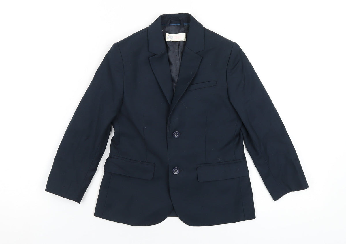 Additional front view of H&M boys’ blue jacket blazer, size 4-5, years button