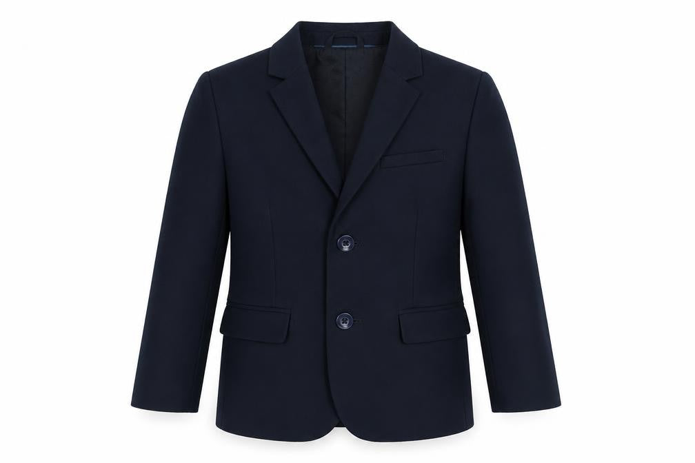 Front view of H&M boys’ blue jacket blazer, size 4-5, years button
