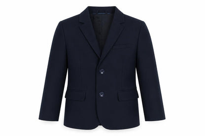 Front view of H&M boys’ blue jacket blazer, size 4-5, years button