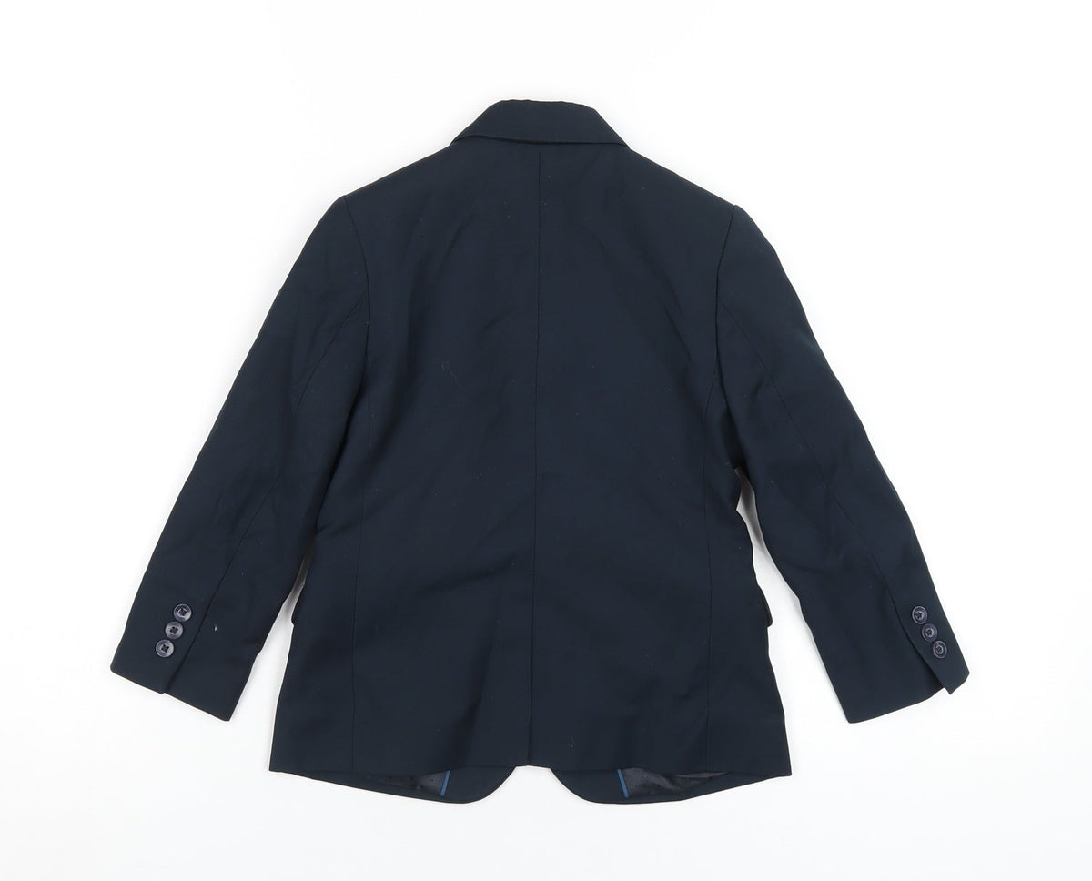 Back view of H&M boys’ blue jacket blazer, size 4-5, years button
