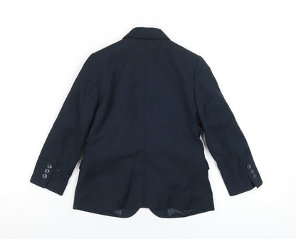 Back view of H&M boys’ blue jacket blazer, size 4-5, years button
