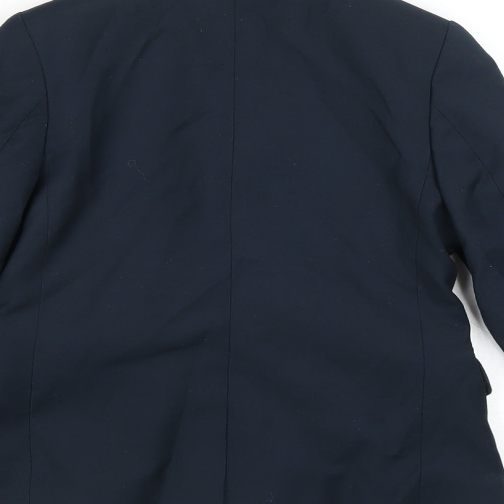 Brand and care label for H&M boys’ blue jacket blazer, size 4-5, years button