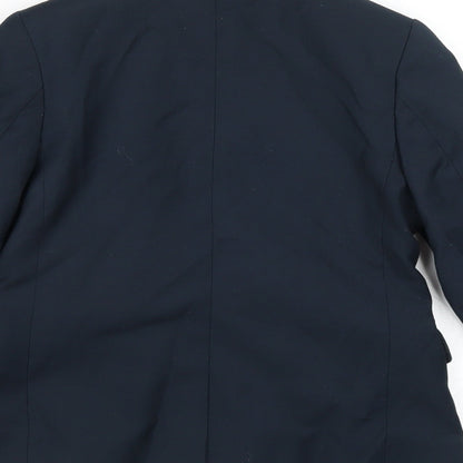 Brand and care label for H&M boys’ blue jacket blazer, size 4-5, years button