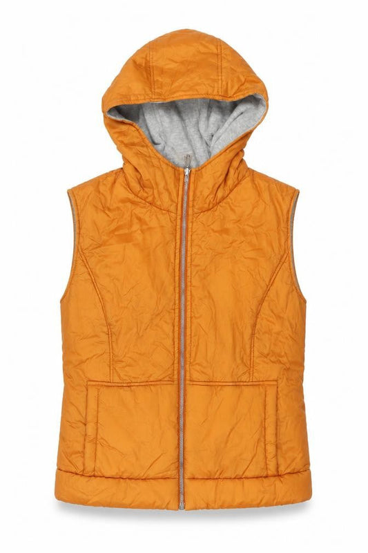 Front view of Kaliko women’s orange gilet waistcoat, size UK 10, zip