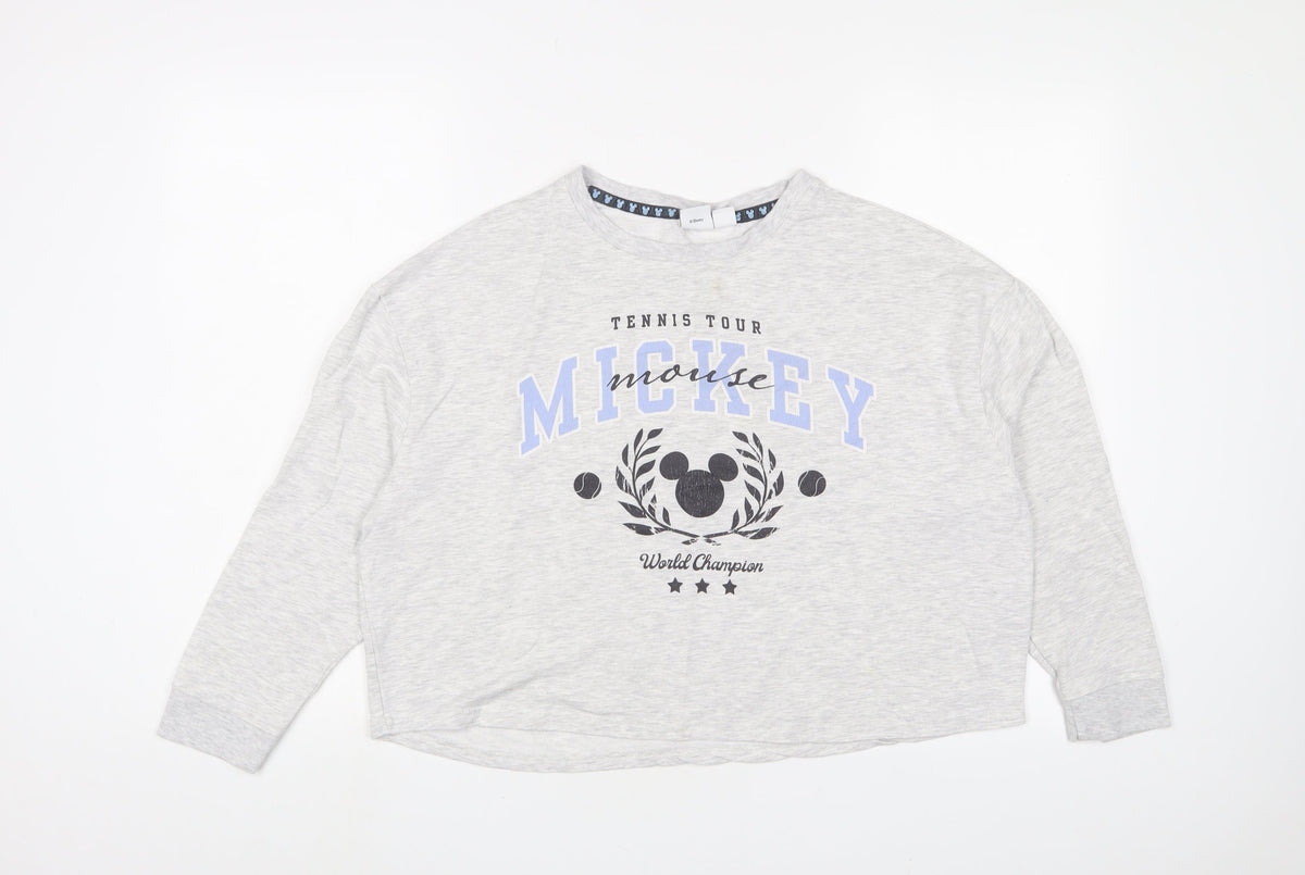 Front view of Mickey Mouse women’s grey cotton pullover sweatshirt, size M, pullover