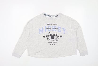 Front view of Mickey Mouse women’s grey cotton pullover sweatshirt, size M, pullover