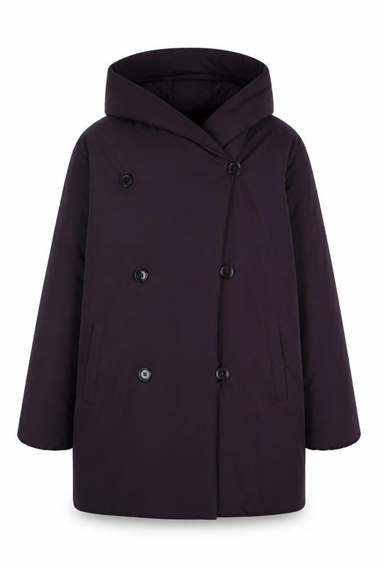 Front view of Claudia Strater women’s purple quilted coat, size UK 10, button