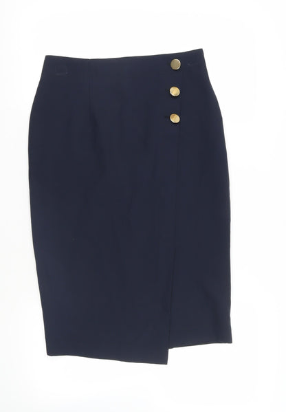 Marks and Spencer Womens Blue Polyester Straight & Pencil Skirt Size 12 Zip - Button Detail