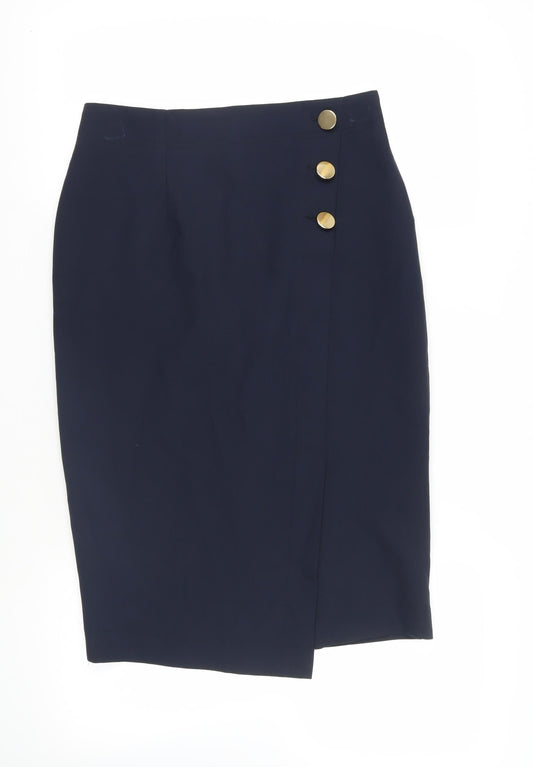 Marks and Spencer Womens Blue Polyester Straight & Pencil Skirt Size 12 Zip - Button Detail