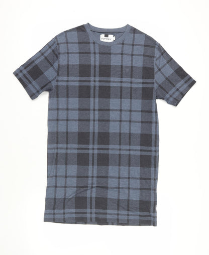 Topman Mens Blue Plaid Cotton T-Shirt Size XS Crew Neck