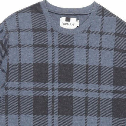 Topman Mens Blue Plaid Cotton T-Shirt Size XS Crew Neck