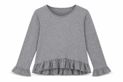Front view of Next girls’ grey polyester pullover t-shirt, size 10, years crew neck pullover - ruffle detail