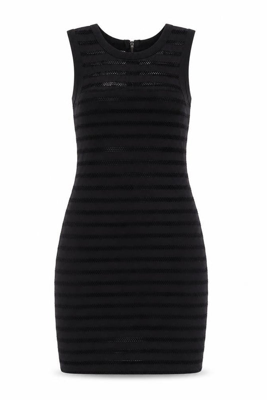 Front view of Silence + Noise women’s black polyester bodycon, size M, round neck zip