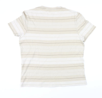 Marks and Spencer Mens Beige Striped Cotton T-Shirt Size L Round Neck