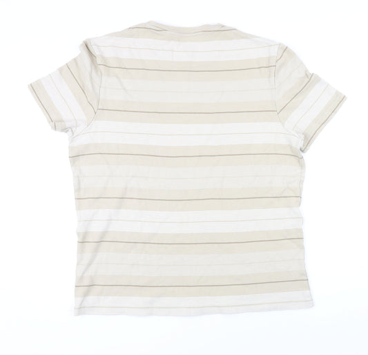 Marks and Spencer Mens Beige Striped Cotton T-Shirt Size L Round Neck