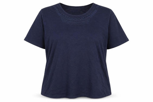 Front view of Canda women’s blue 100% cotton basic t-shirt, size L, scoop neck