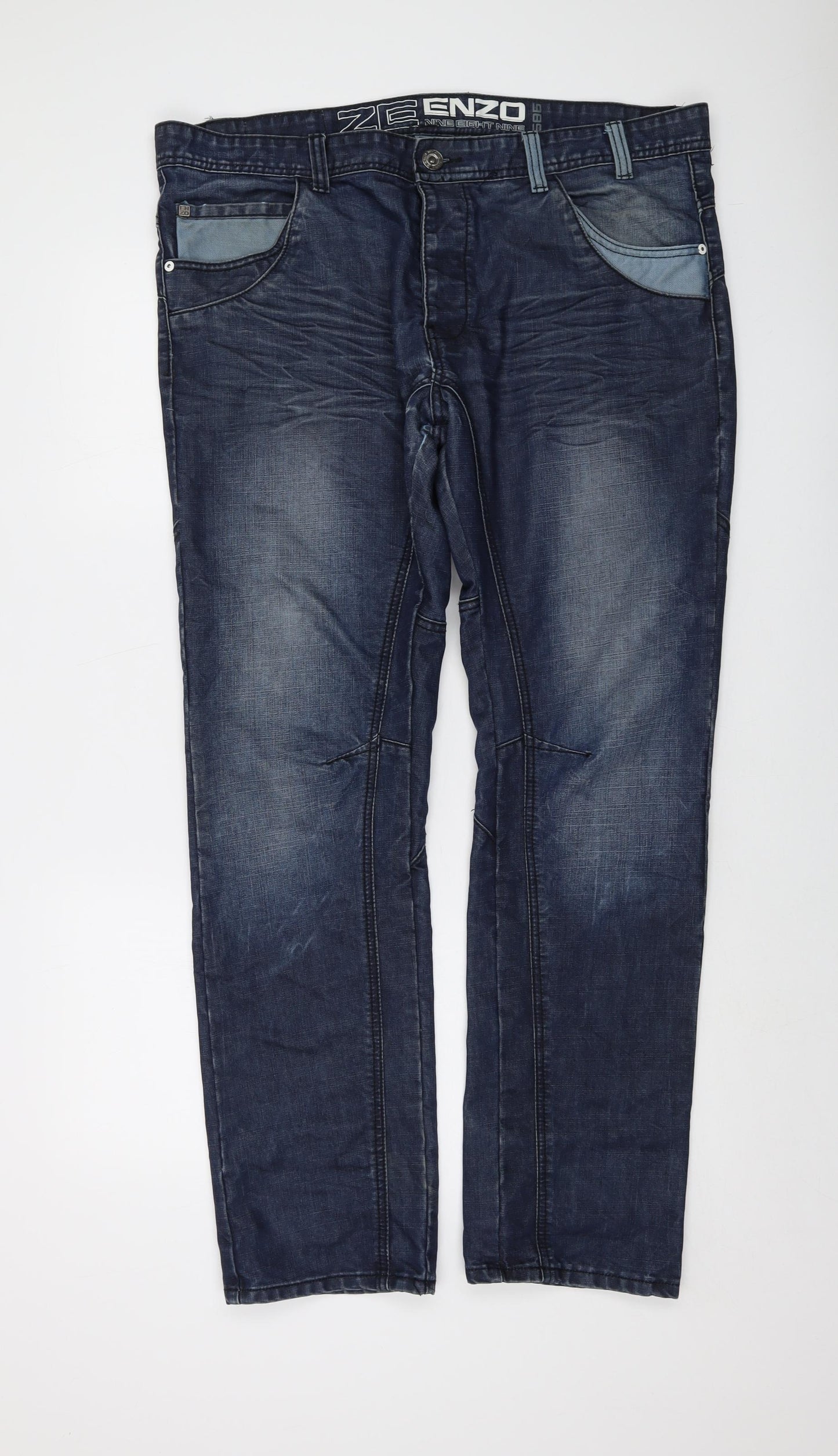 Zenzo Mens Blue Cotton Straight Jeans Size 38 in L32 in Regular Button