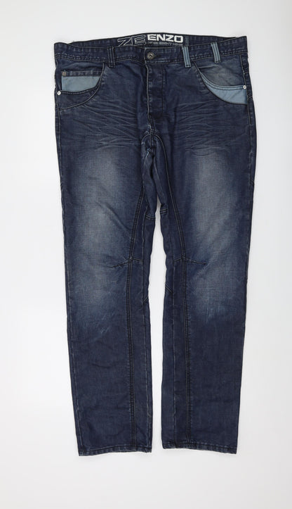 Zenzo Mens Blue Cotton Straight Jeans Size 38 in L32 in Regular Button