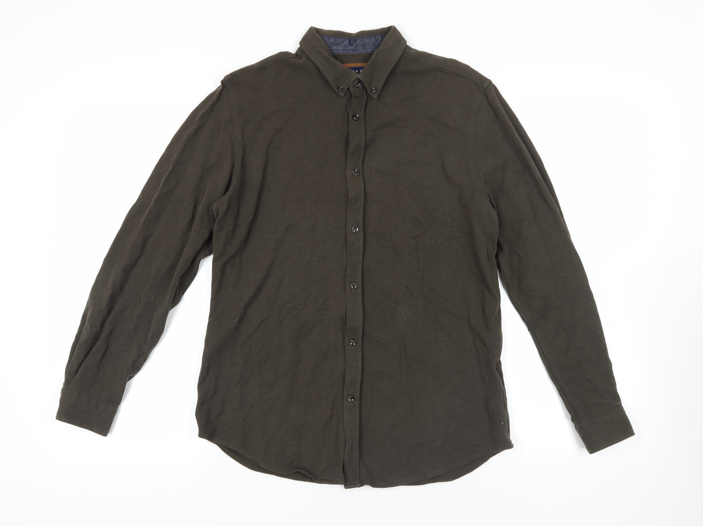 Zara Mens Green Cotton Button-Up Size M Collared Button - Elbow Patches