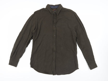 Zara Mens Green Cotton Button-Up Size M Collared Button - Elbow Patches