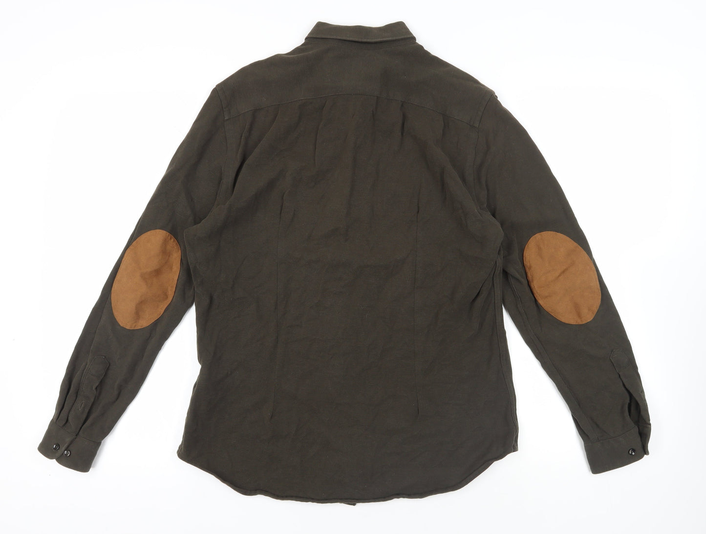 Zara Mens Green Cotton Button-Up Size M Collared Button - Elbow Patches