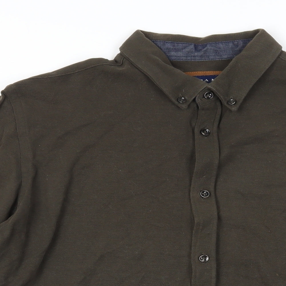 Zara Mens Green Cotton Button-Up Size M Collared Button - Elbow Patches