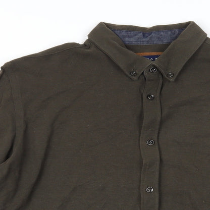 Zara Mens Green Cotton Button-Up Size M Collared Button - Elbow Patches
