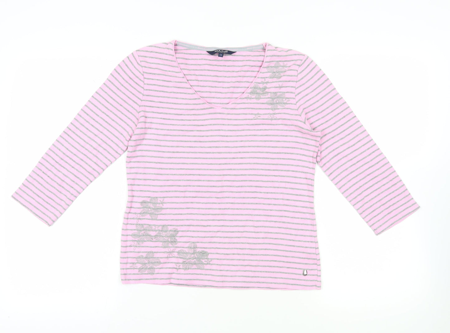 Maine New England Womens Pink Striped Cotton Basic T-Shirt Size 12 V-Neck