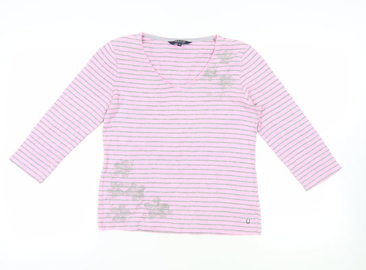 Maine New England Womens Pink Striped Cotton Basic T-Shirt Size 12 V-Neck