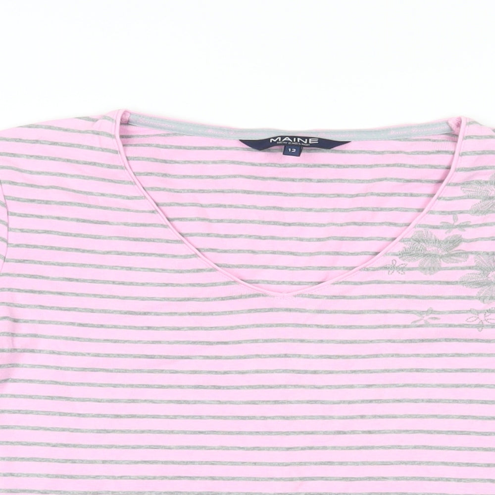 Maine New England Womens Pink Striped Cotton Basic T-Shirt Size 12 V-Neck