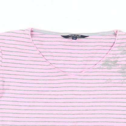 Maine New England Womens Pink Striped Cotton Basic T-Shirt Size 12 V-Neck