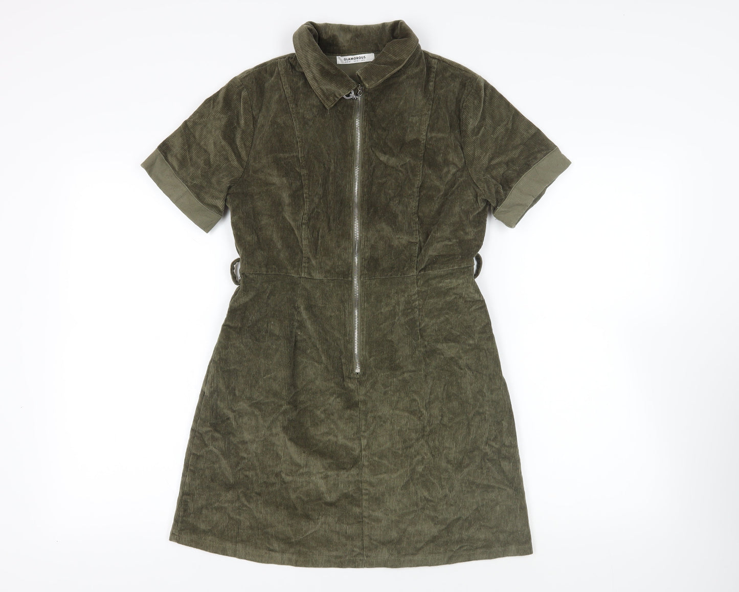 Glamorous Womens Green Cotton Mini Size 10 Collared Zip