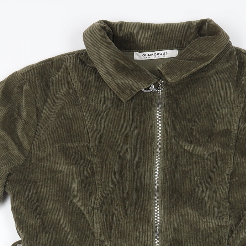 Glamorous Womens Green Cotton Mini Size 10 Collared Zip