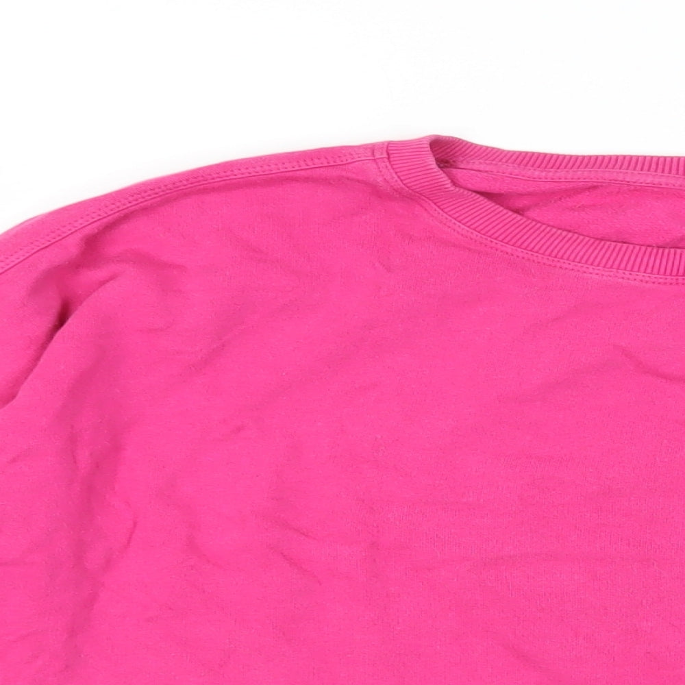 Close-up detail of AND/OR women’s pink cotton pullover sweatshirt, size UK 10, pullover