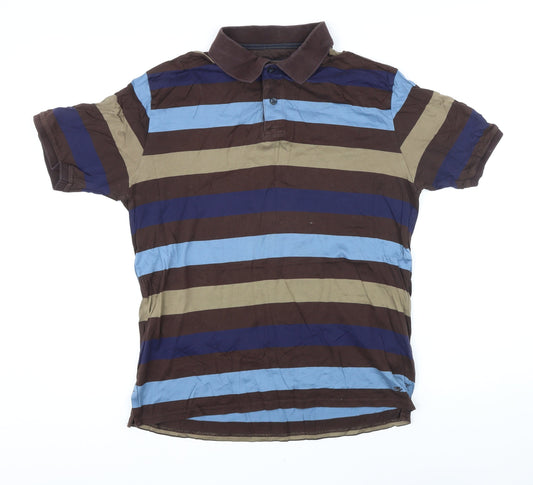 Blue Harbour Mens Brown Striped Polyester Polo Size S Collared Button