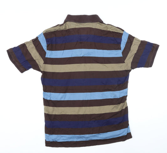Blue Harbour Mens Brown Striped Polyester Polo Size S Collared Button