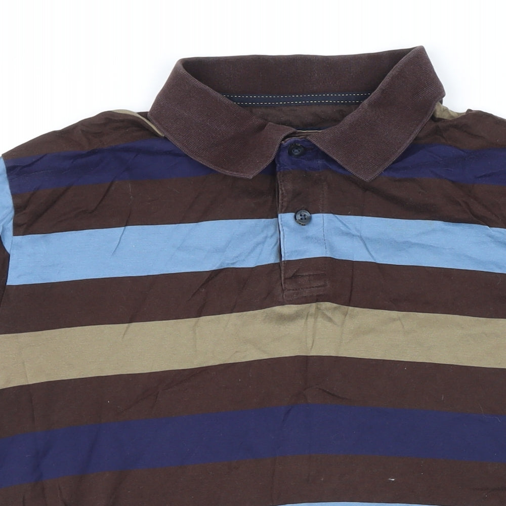 Blue Harbour Mens Brown Striped Polyester Polo Size S Collared Button