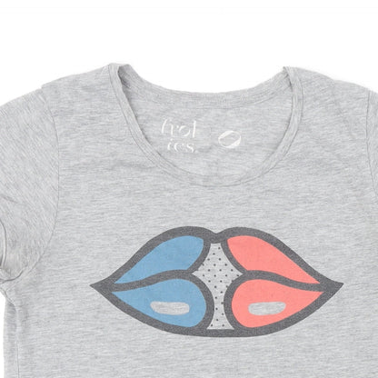 Frolics Womens Grey Cotton Basic T-Shirt Size L Scoop Neck - Graphic print lips