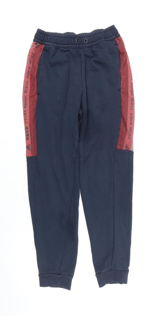 Front view of Addidas women’s blue cotton jogger leggings, size S, 25-inch leg - elasticated waist