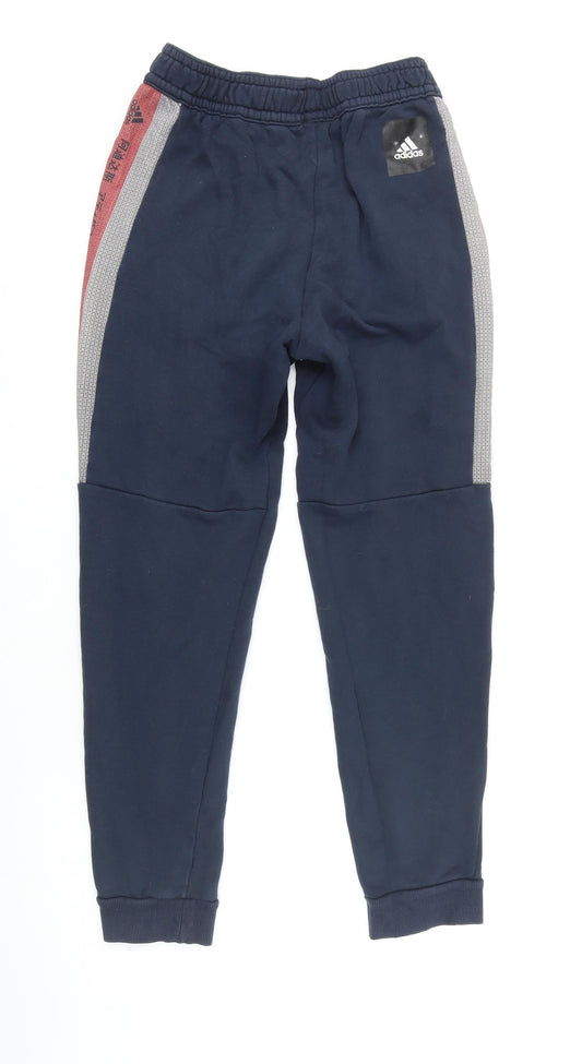 Back view of Addidas women’s blue cotton jogger leggings, size S, 25-inch leg - elasticated waist