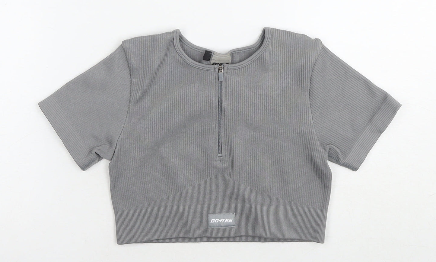 Bo+tee Womens Grey Nylon Cropped T-Shirt Size S Round Neck Pullover