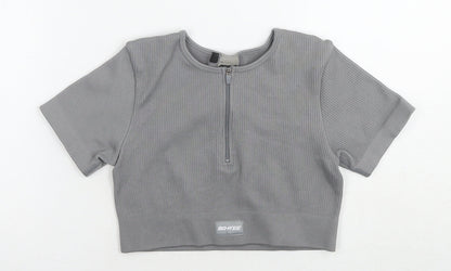 Bo+tee Womens Grey Nylon Cropped T-Shirt Size S Round Neck Pullover