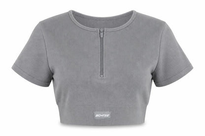 Bo+tee Womens Grey Nylon Cropped T-Shirt Size S Round Neck Pullover